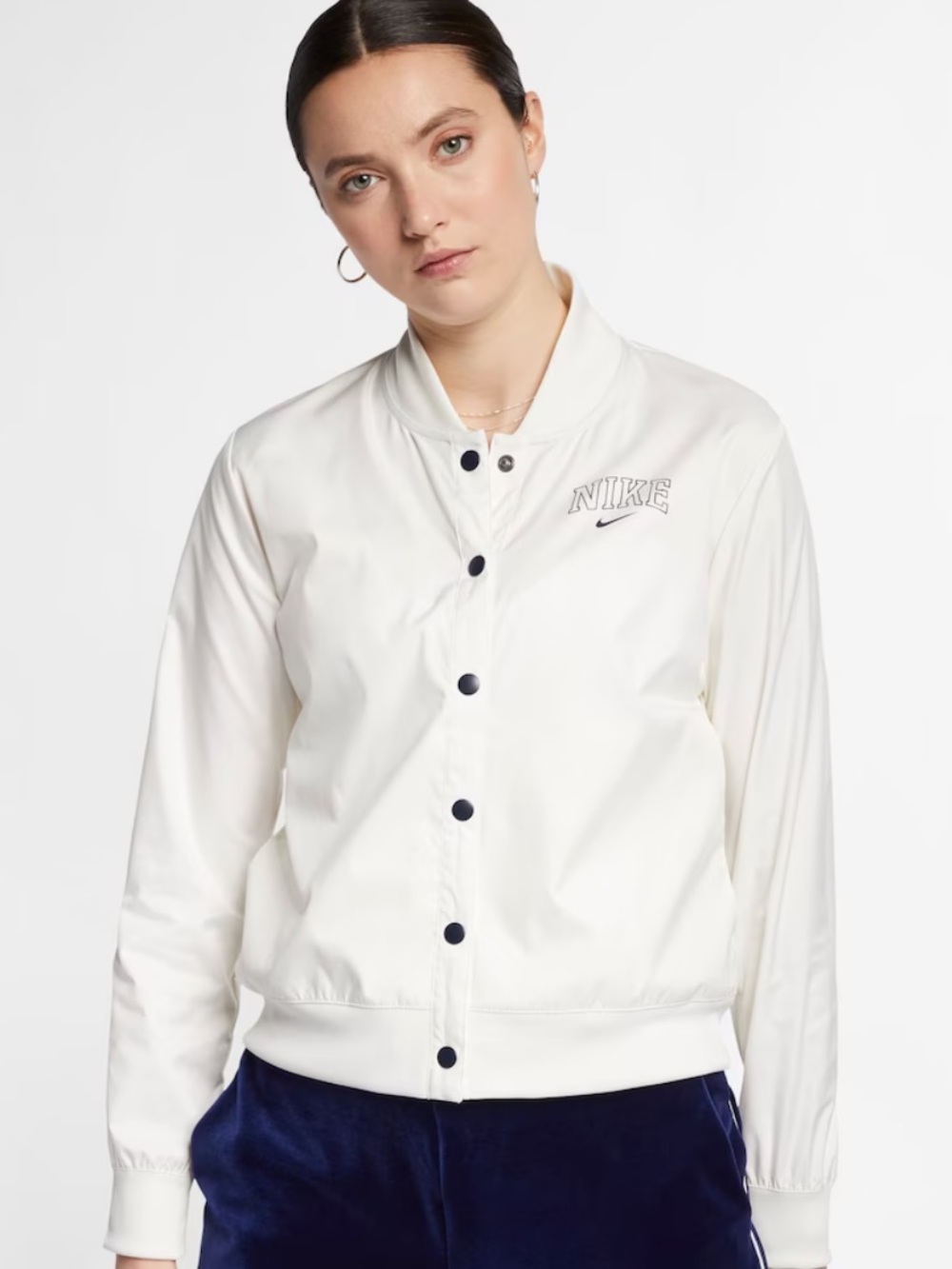 Nike White Women's Lightweight Bomber Jacket with Navy Snap Buttons